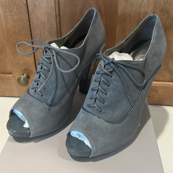 Platform Peep Toe Suede Booties, size 7. Only worn once, in excellent condition. - Picture 2 of 3